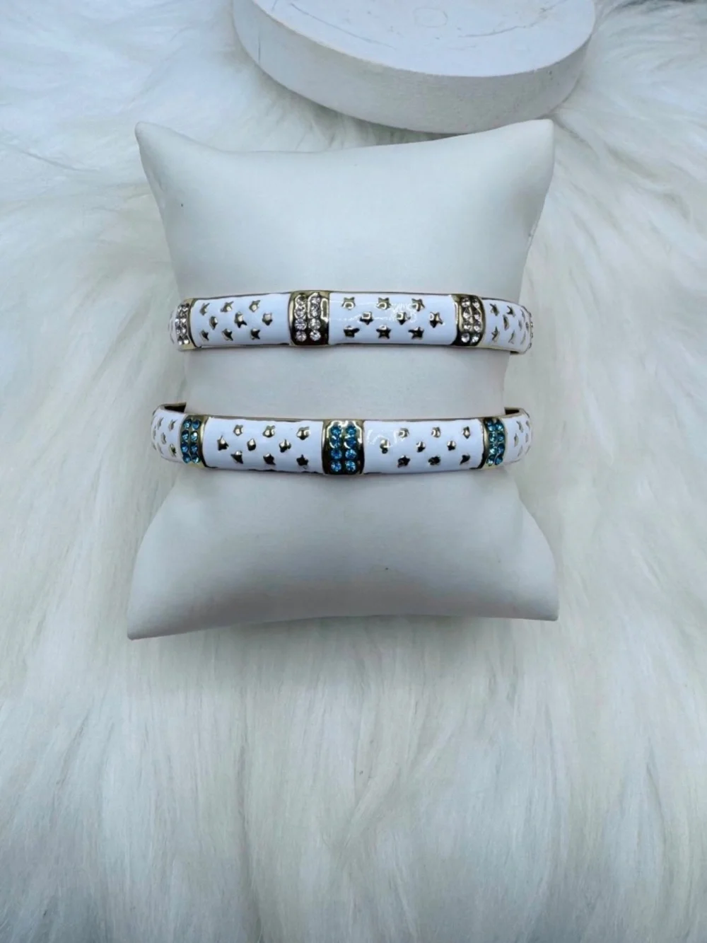 White Enamel Gold-Tone Cuff Bracelet Set– Blue & Clear Rhinestones